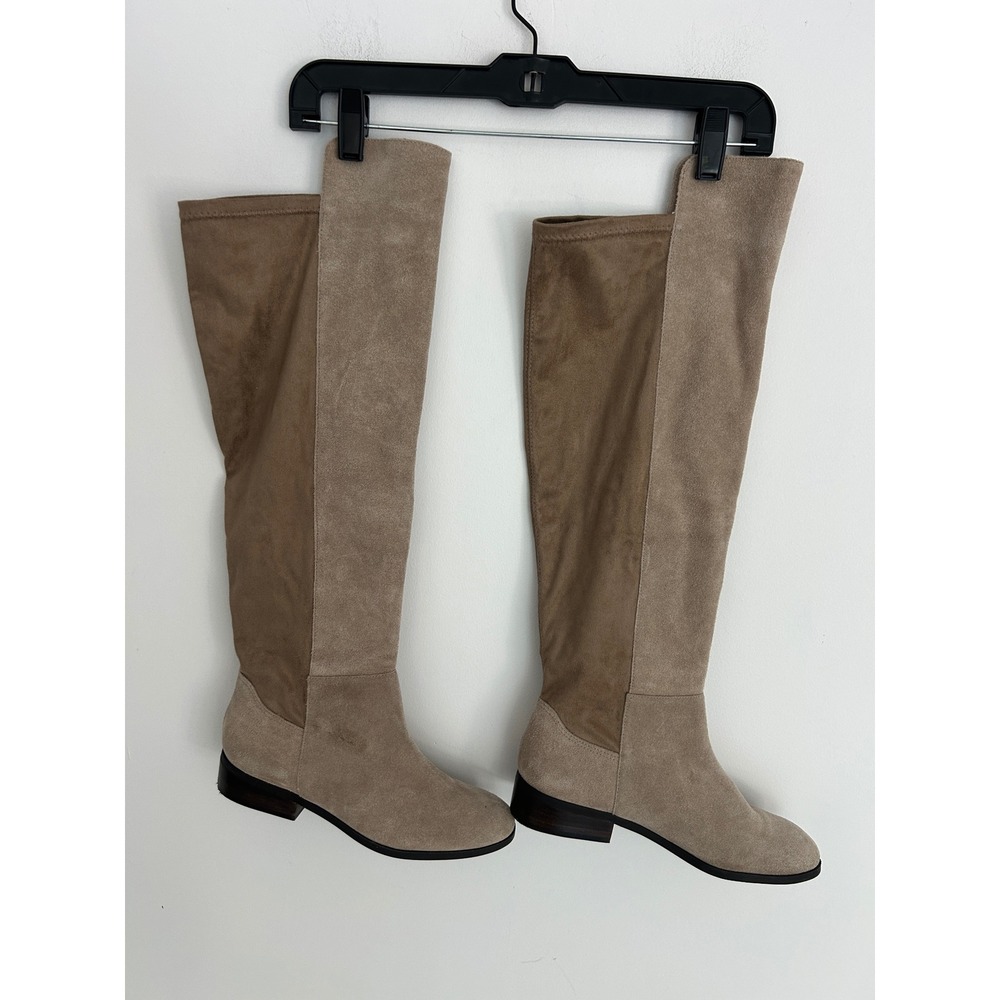 Lucky Brand Calypso Tan Suede Over Knee Boots Womens 8.5 M Stretch Back Low Heel